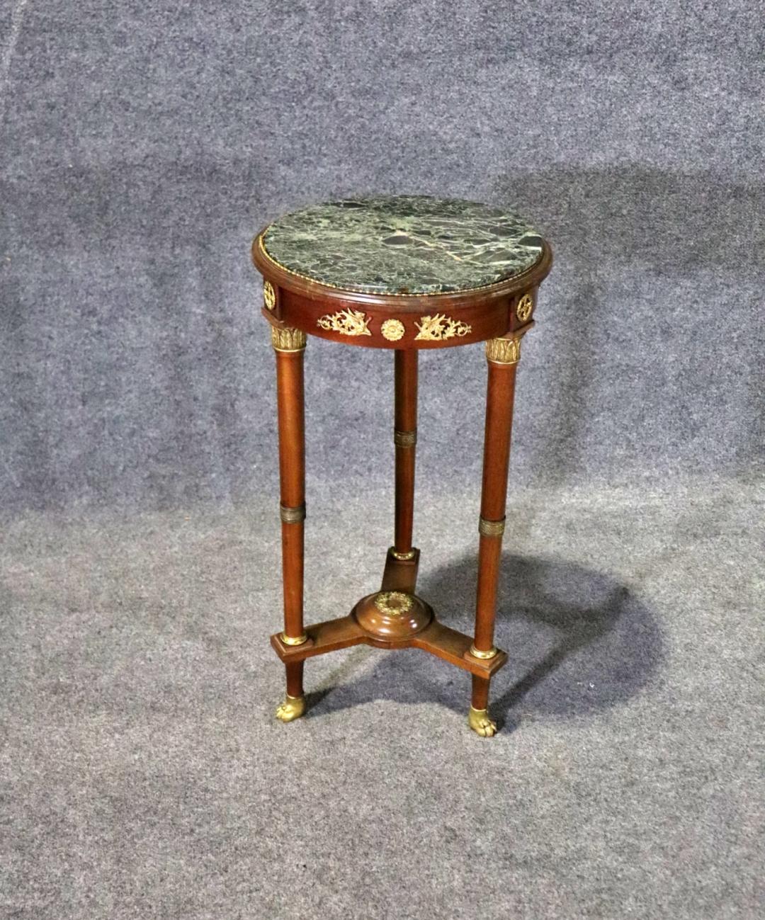 Antique Verdi Green Marble Top French Empire Pedestal End Table Circa 1870