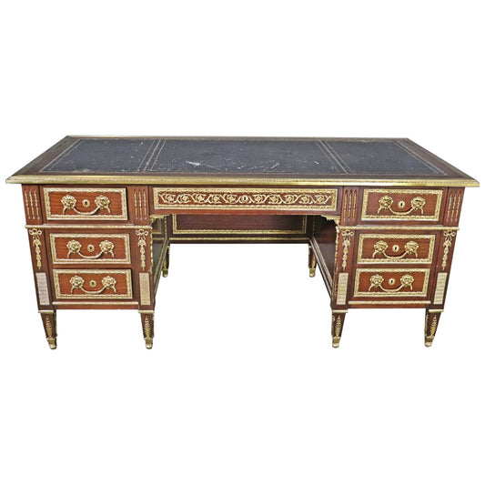 Fine Quality French Louis XVI Bronze Mounted Leather Top Executive Desk