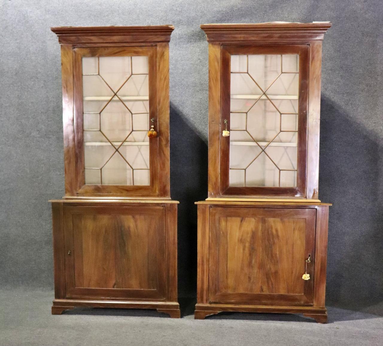 Rare Matched Pair Edwardian Chippendale Style Individual Glazed Corner Cabinets