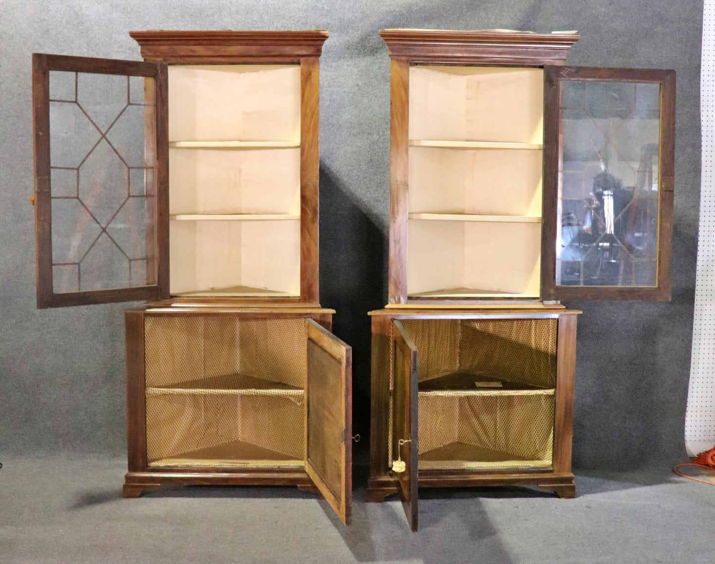 Rare Matched Pair Edwardian Chippendale Style Individual Glazed Corner Cabinets