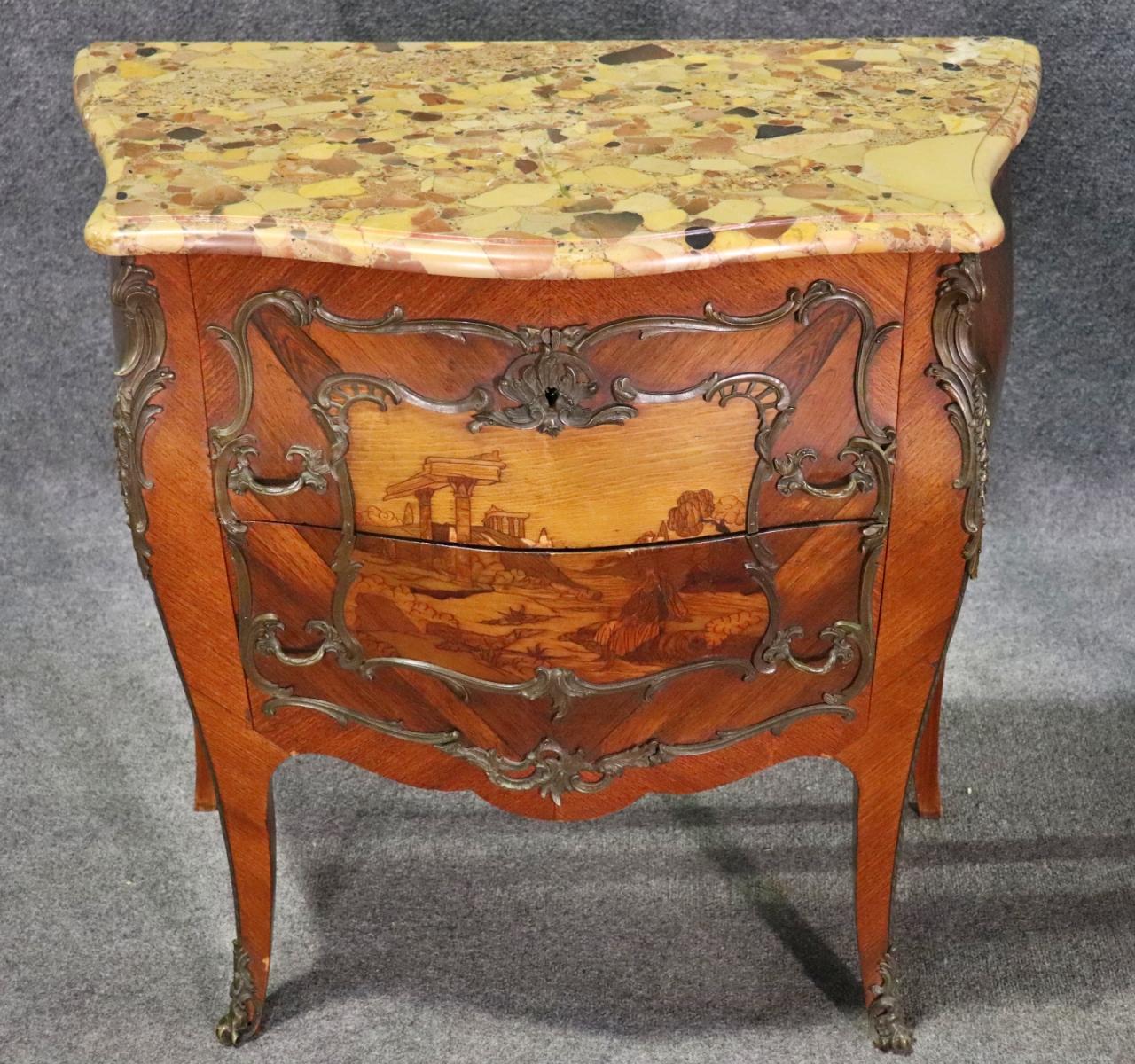 Pair of Antique Inlaid Breche D' Alep Marble Top French Nightstands Commodes