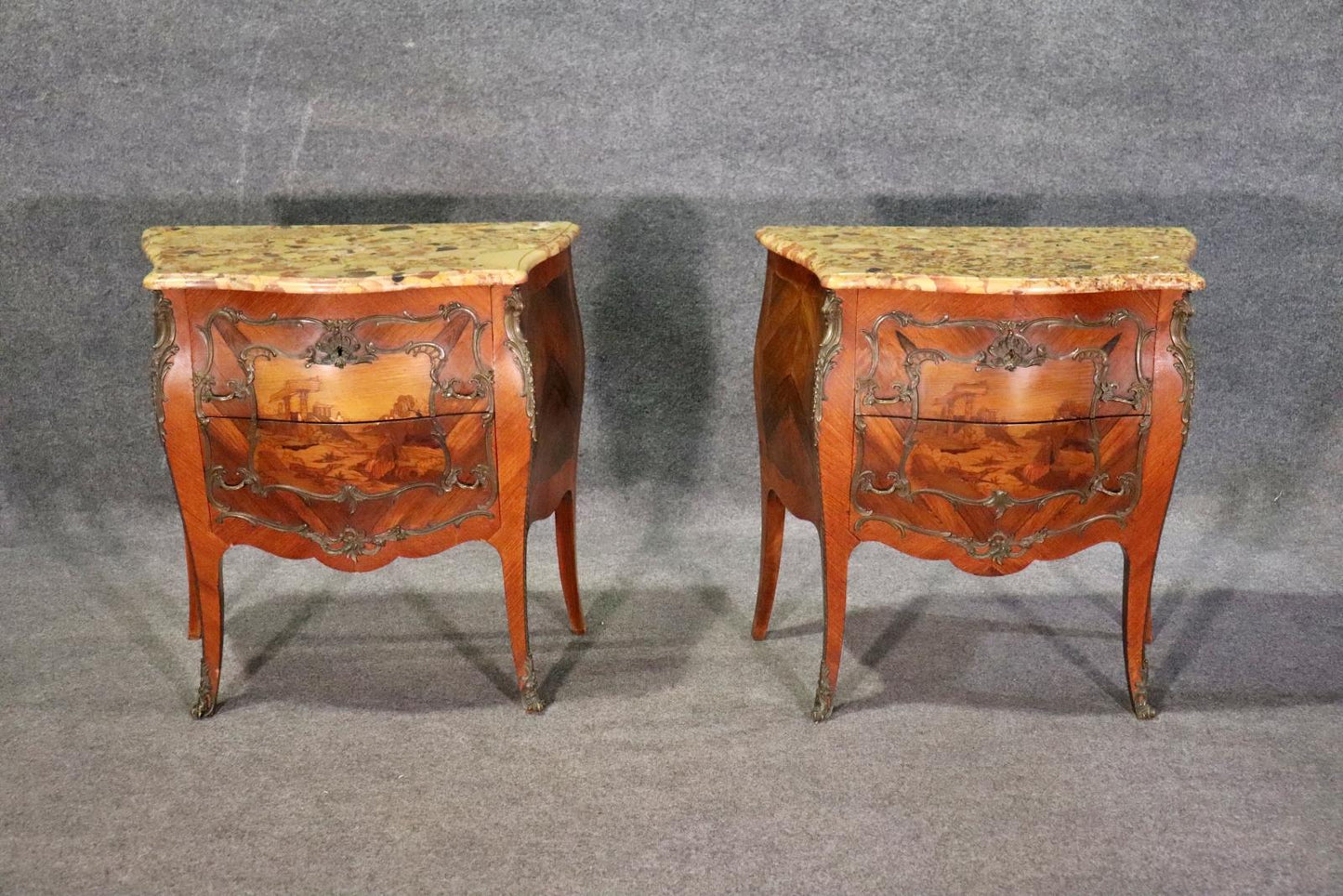 Pair of Antique Inlaid Breche D' Alep Marble Top French Nightstands Commodes