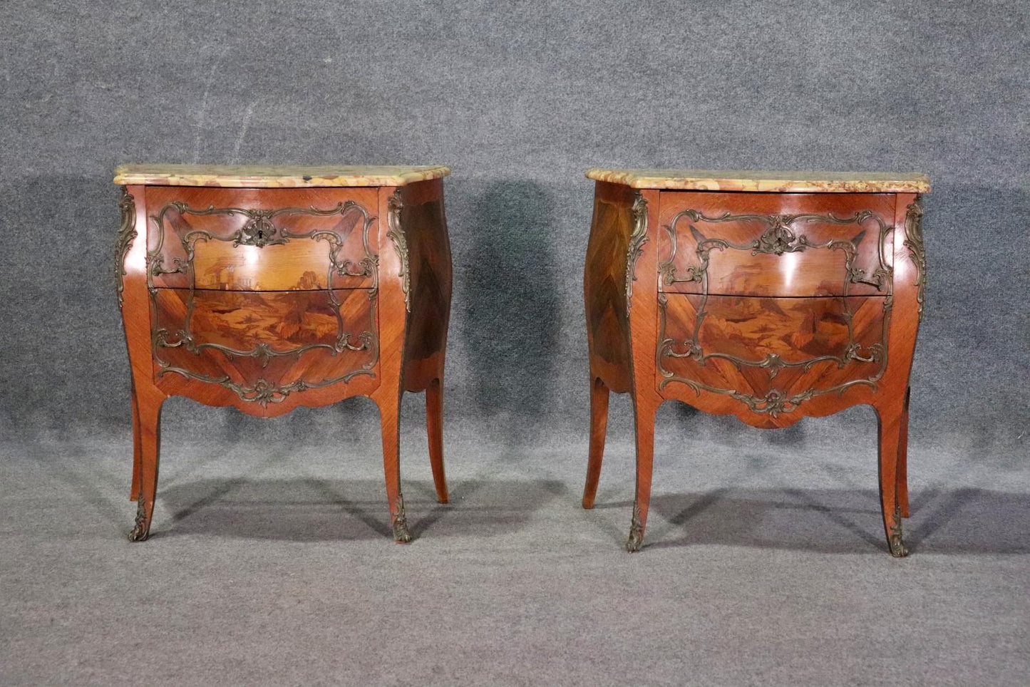 Pair of Antique Inlaid Breche D' Alep Marble Top French Nightstands Commodes