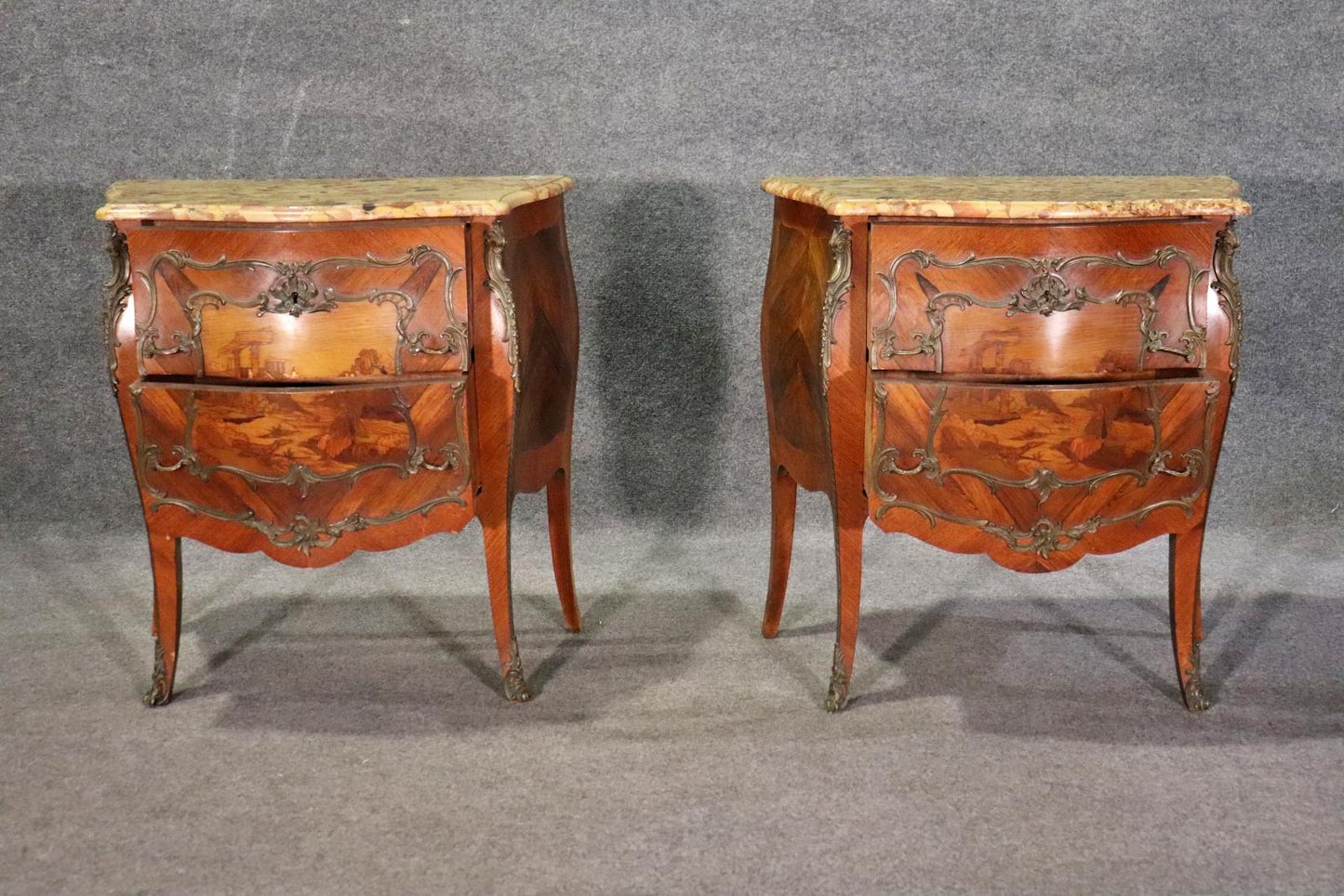 Pair of Antique Inlaid Breche D' Alep Marble Top French Nightstands Commodes