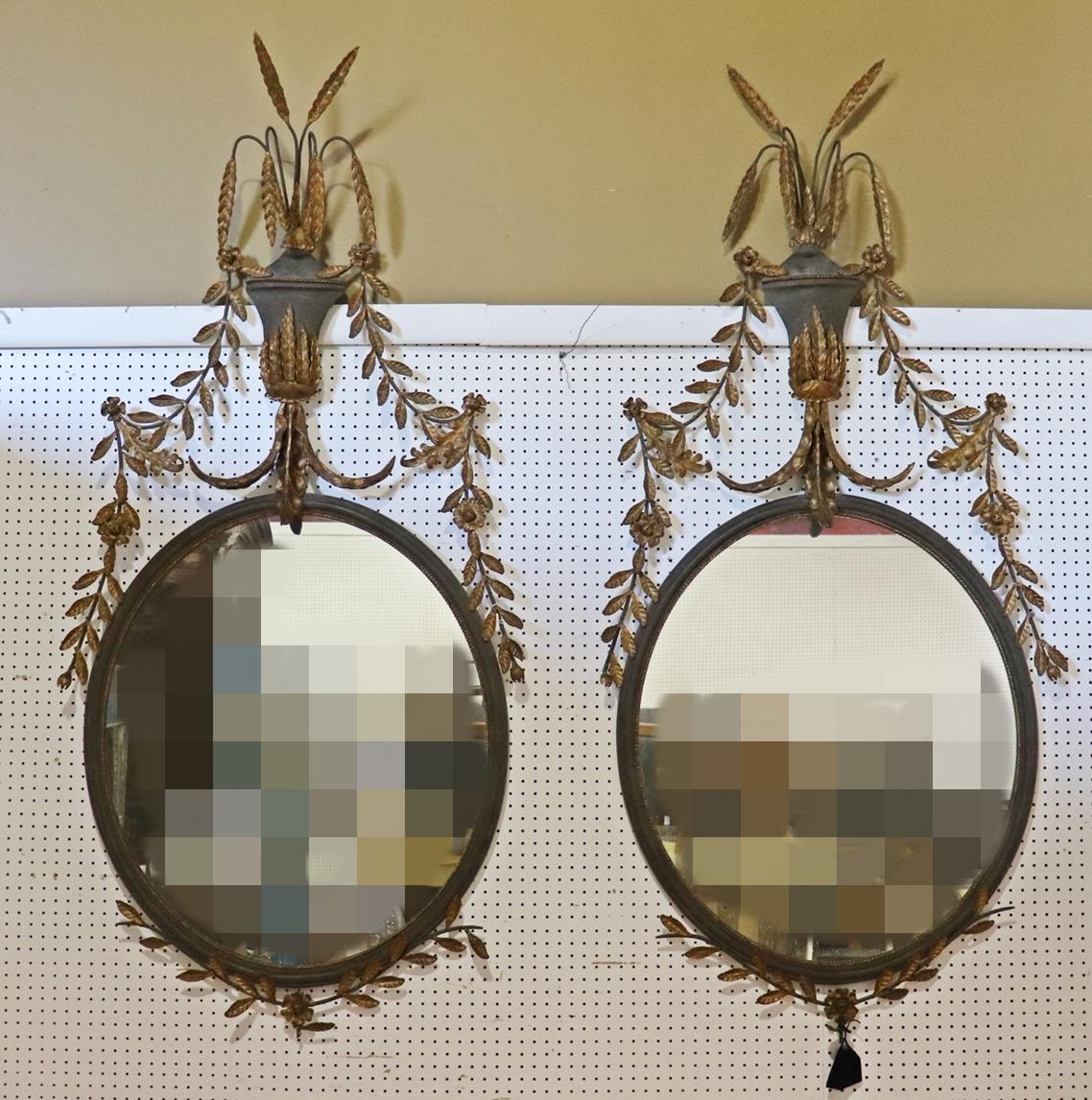 Rare Pair Monumental 80 Inch Brass Adams Style Floral Oval Mirrors Circa 1900