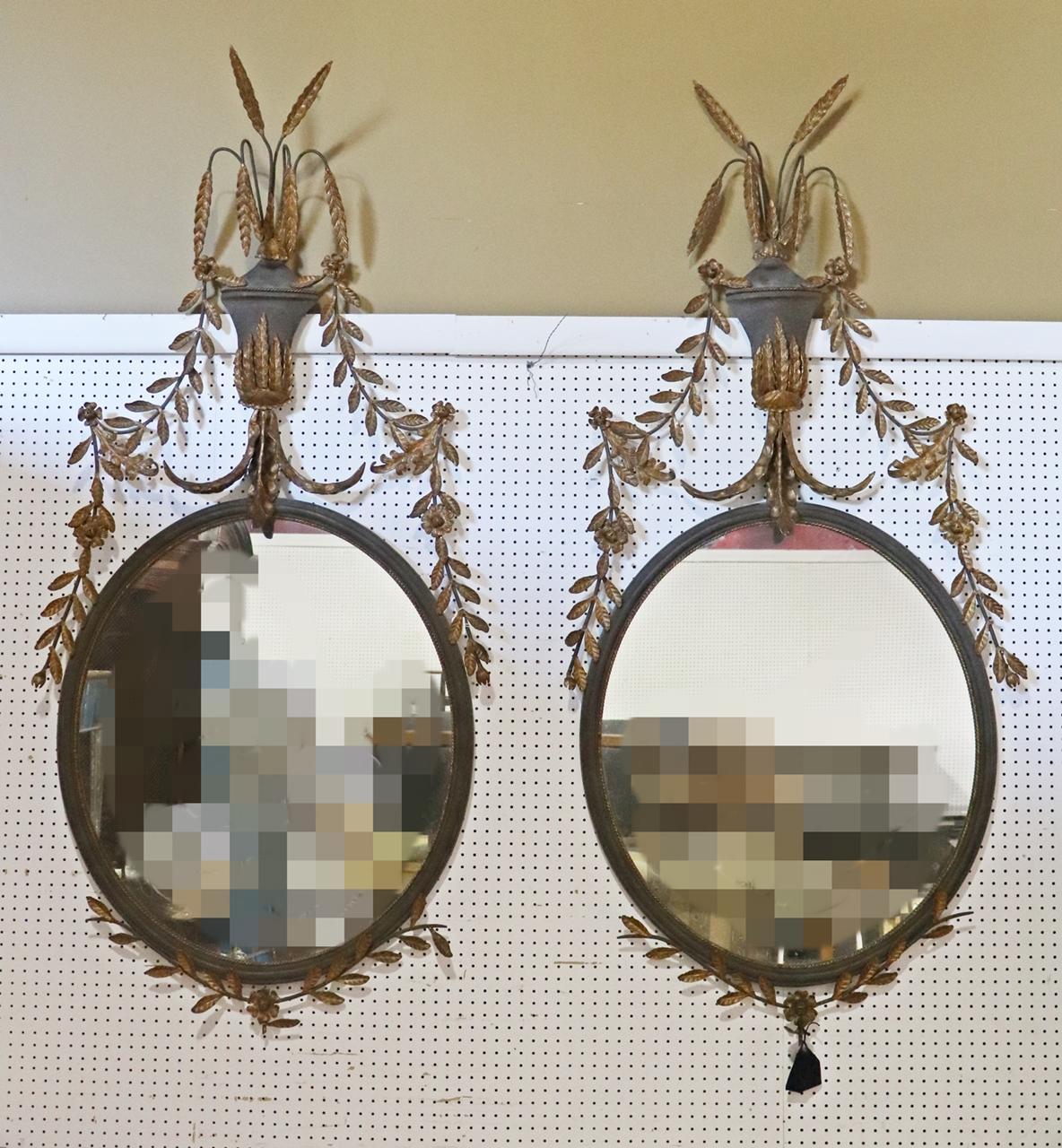 Rare Pair Monumental 80 Inch Brass Adams Style Floral Oval Mirrors Circa 1900