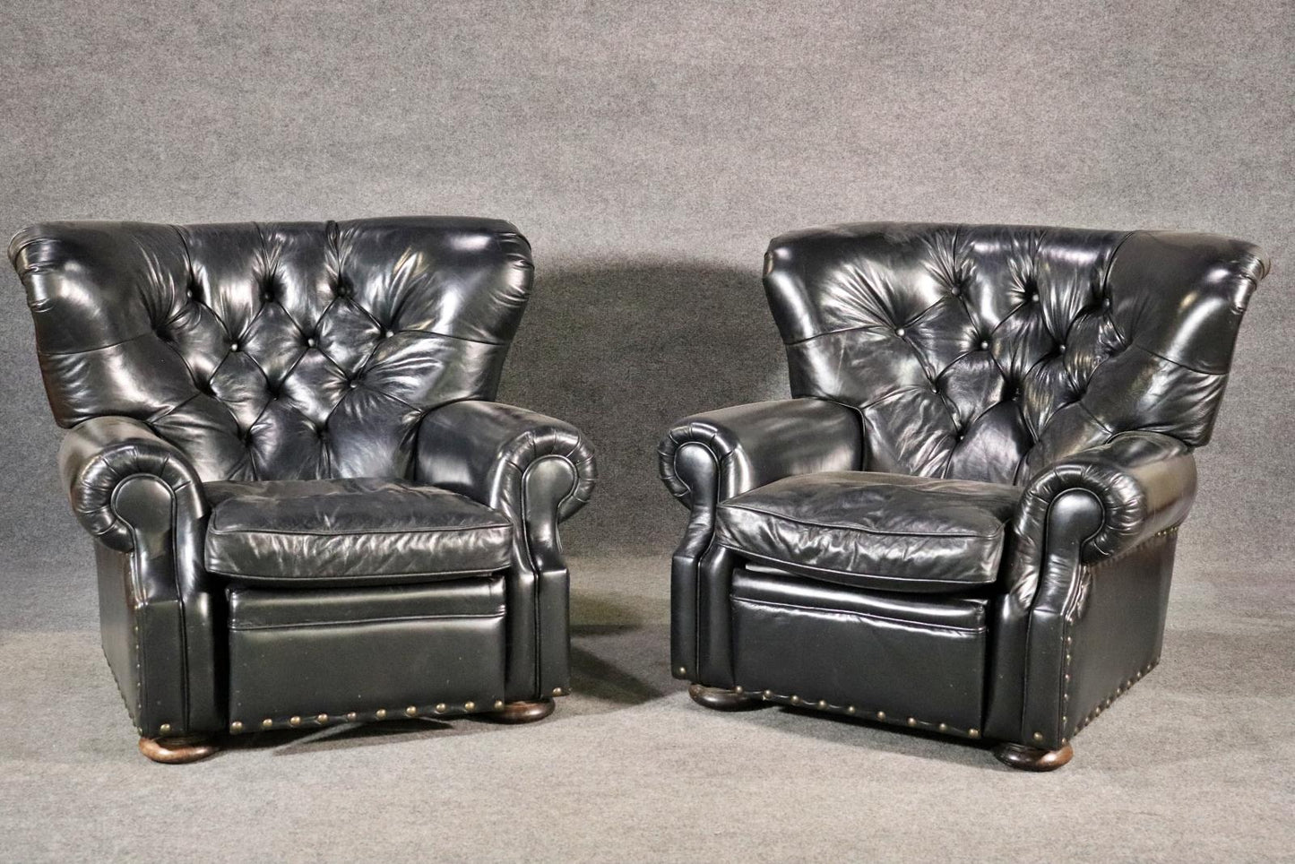 Pair of Tufted English Georgian Style Club Chairs Recliners