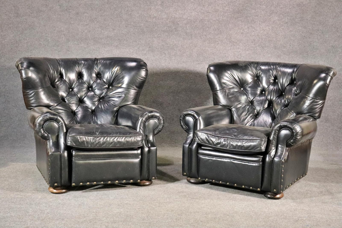 Pair of Tufted English Georgian Style Club Chairs Recliners