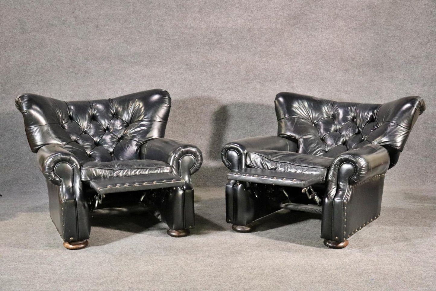 Pair of Tufted English Georgian Style Club Chairs Recliners