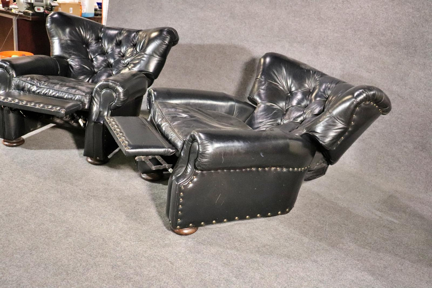 Pair of Tufted English Georgian Style Club Chairs Recliners