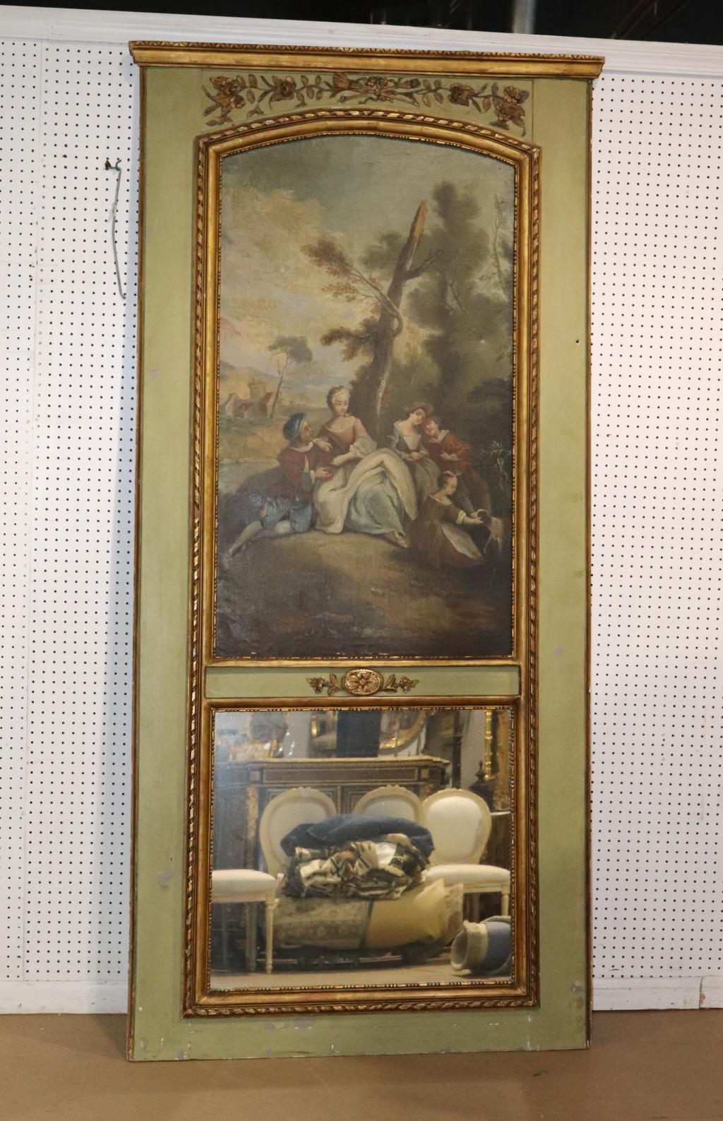 Monumental French Louis XV Oil Painted Trumeau Mirror circa 1900