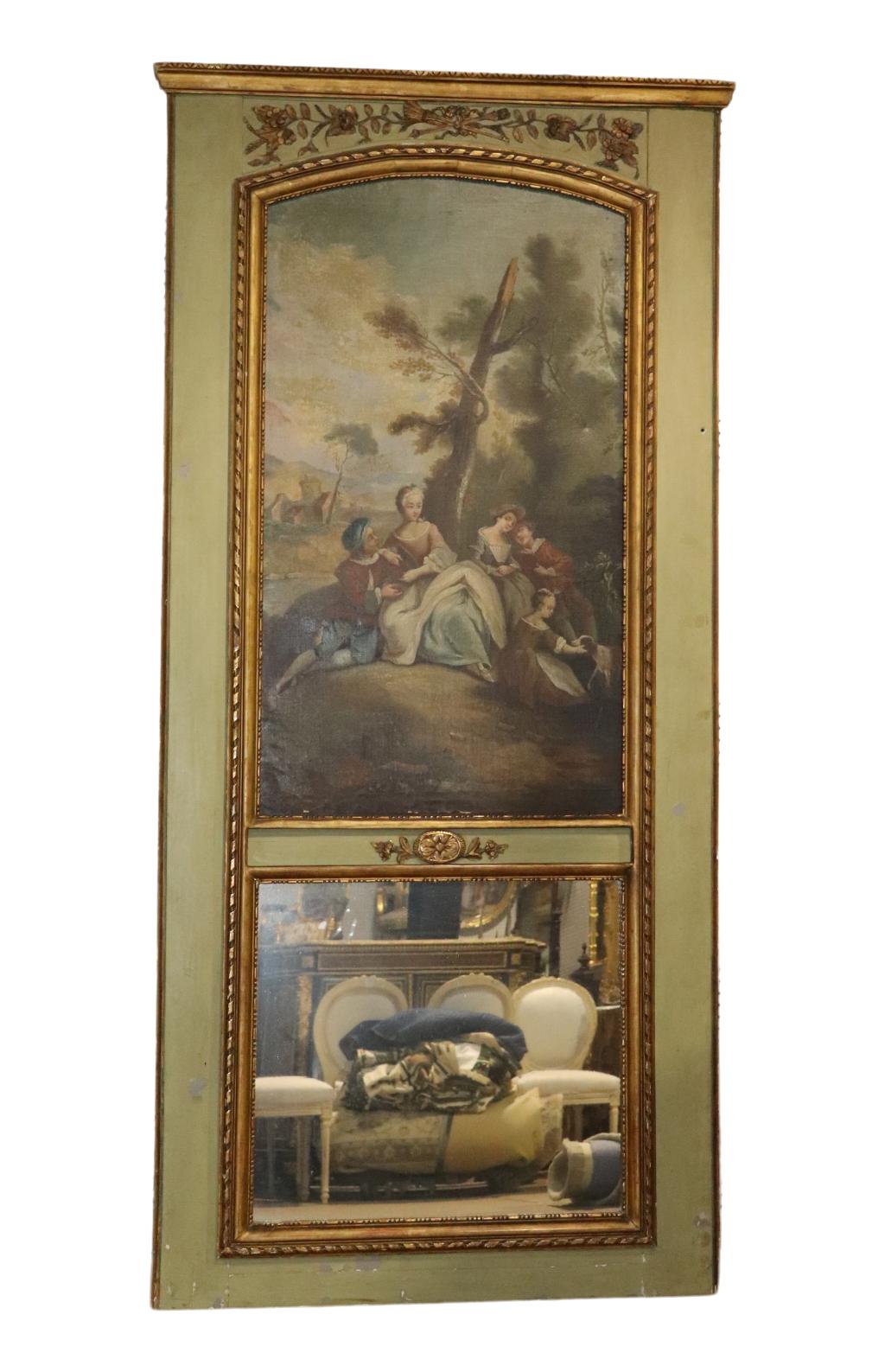 Monumental French Louis XV Oil Painted Trumeau Mirror circa 1900