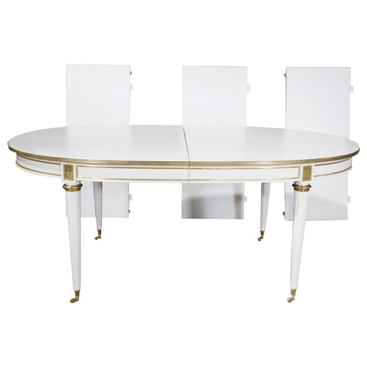 Manner of Maison Jansen White Lacquer Bronze Mounted Dining Table 3 Leaves