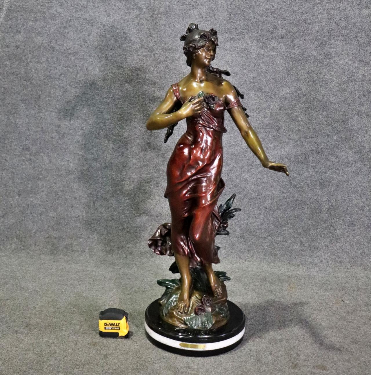 Signed Polychromed Bronze Sculpture of Woman in a Dress after Auguste Moreau