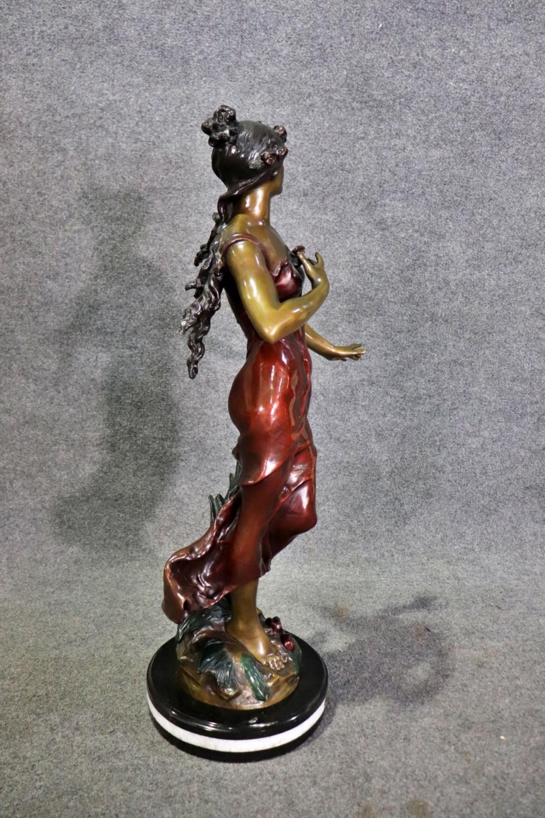 Signed Polychromed Bronze Sculpture of Woman in a Dress after Auguste Moreau