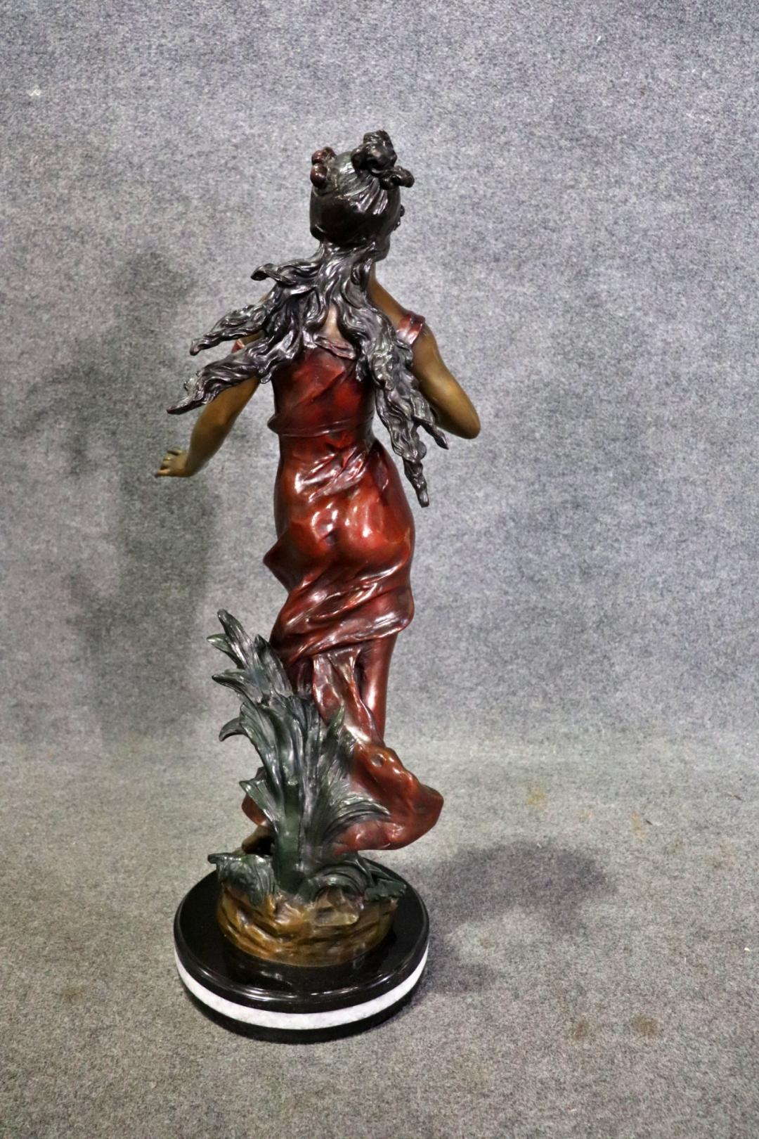 Signed Polychromed Bronze Sculpture of Woman in a Dress after Auguste Moreau