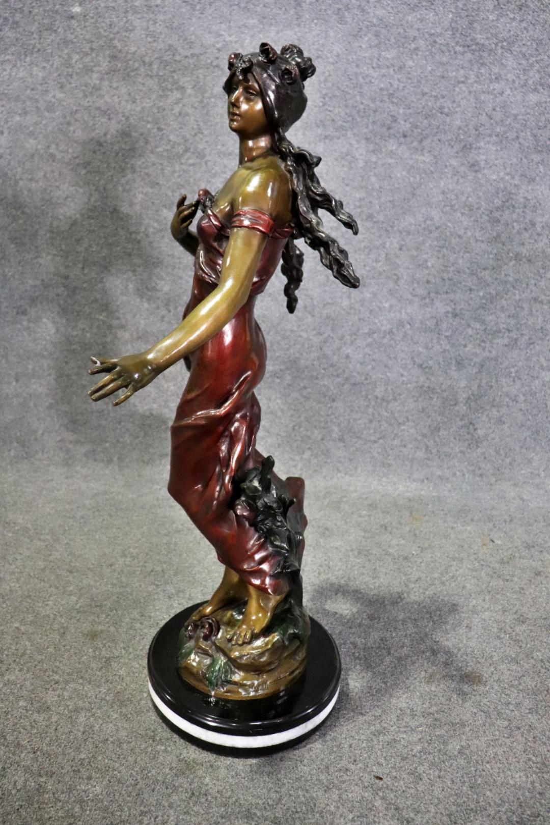 Signed Polychromed Bronze Sculpture of Woman in a Dress after Auguste Moreau