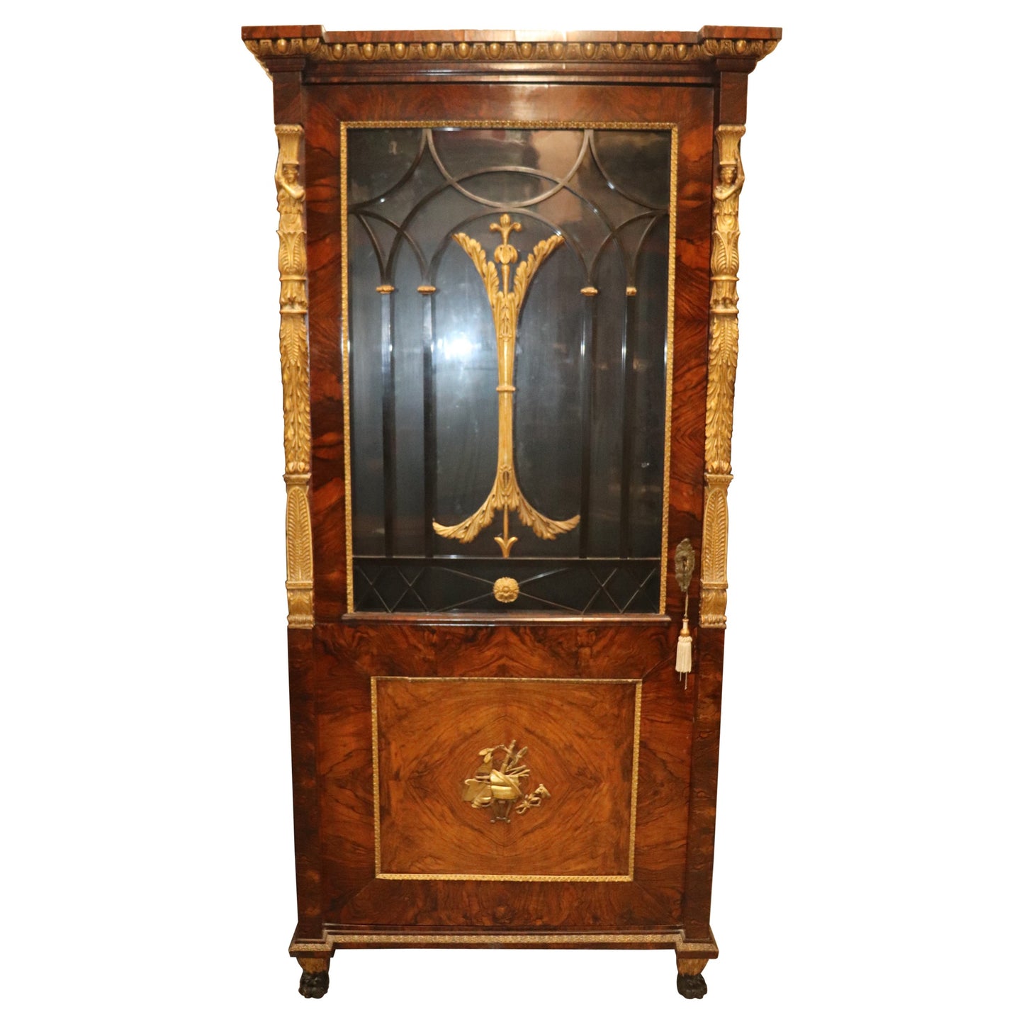 Fine Gilded Figural Walnut Ebonized Vitrine Manner of Charles-Honoré Lannuier