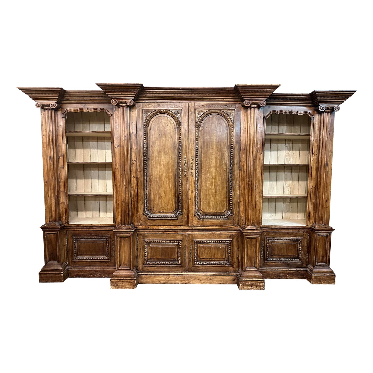 Monumental Carved Pine English Country Paint Decorated Bookshelf Bookcase