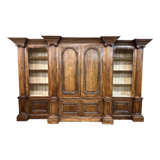 Monumental Carved Pine English Country Paint Decorated Bookshelf Bookcase