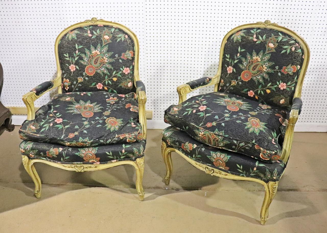 Pair Paint Decorated French Louis XV Armchairs Fauteuils circa 1950s