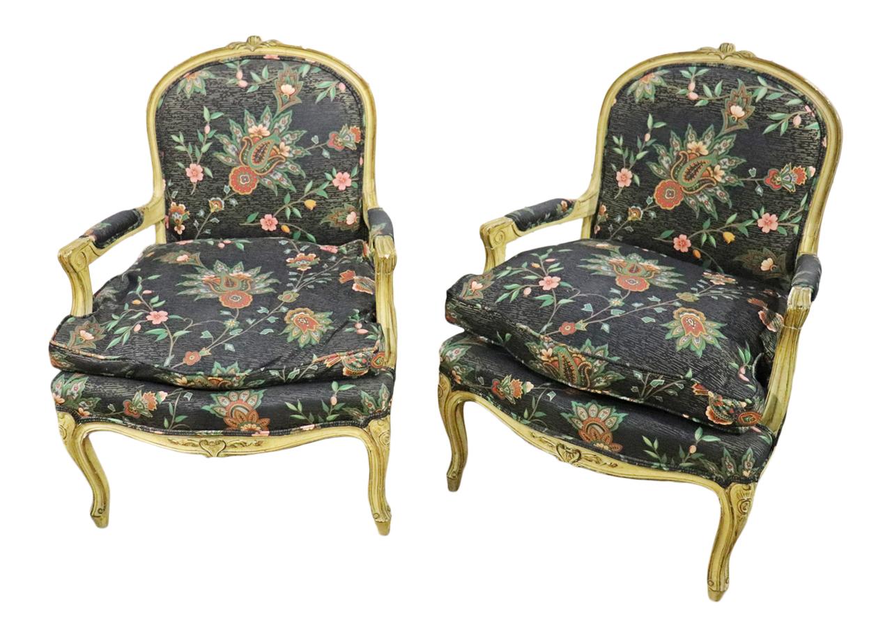 Pair Paint Decorated French Louis XV Armchairs Fauteuils circa 1950s