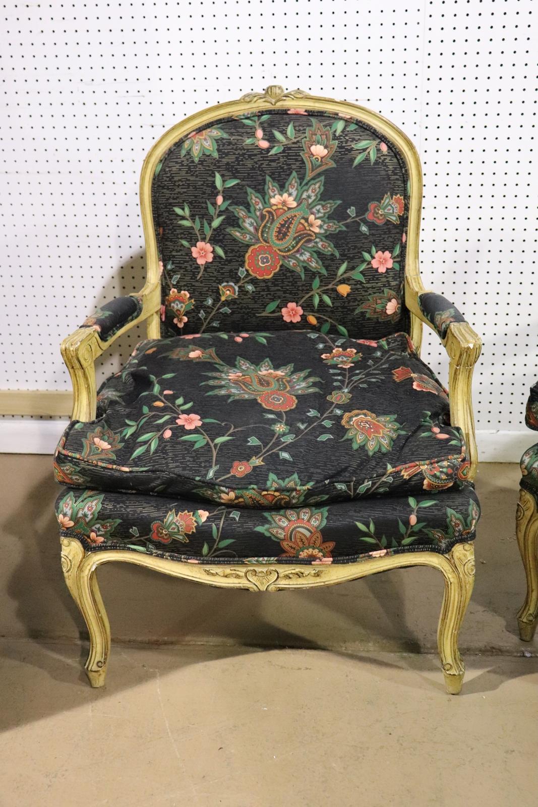 Pair Paint Decorated French Louis XV Armchairs Fauteuils circa 1950s