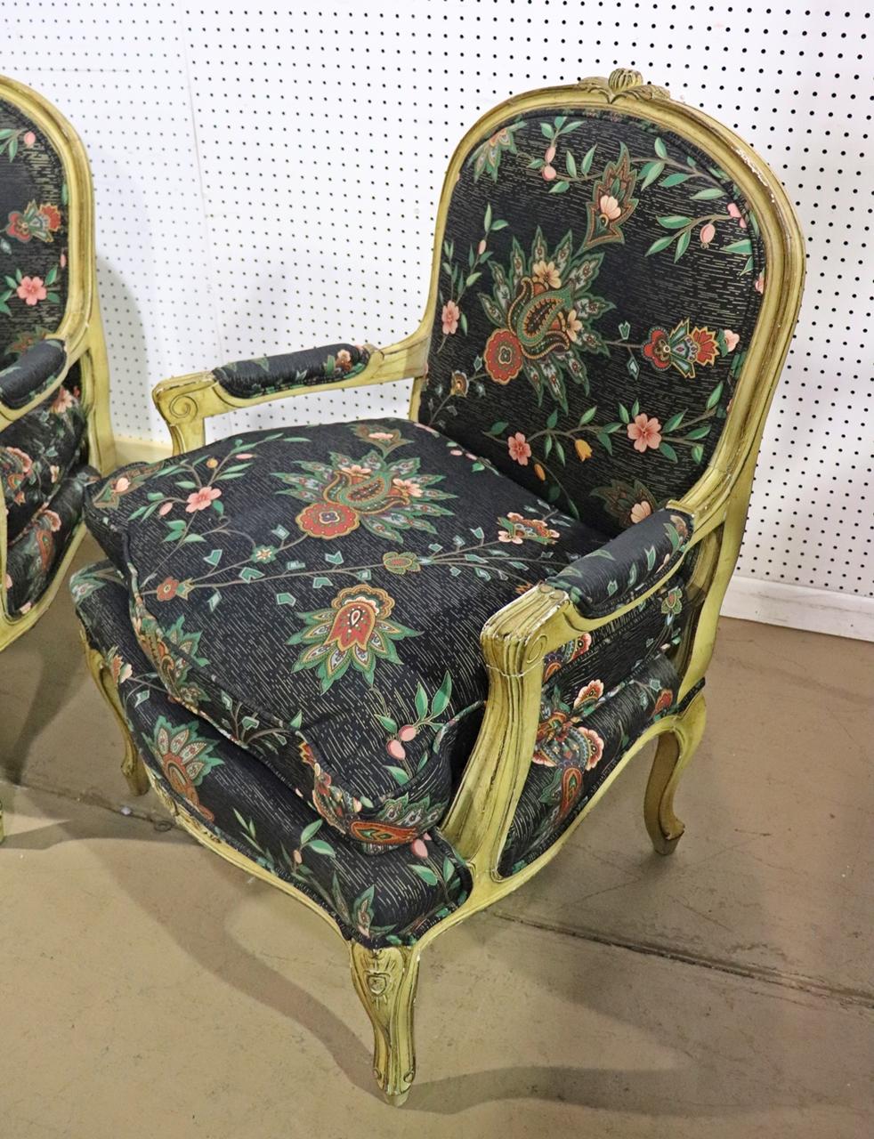 Pair Paint Decorated French Louis XV Armchairs Fauteuils circa 1950s