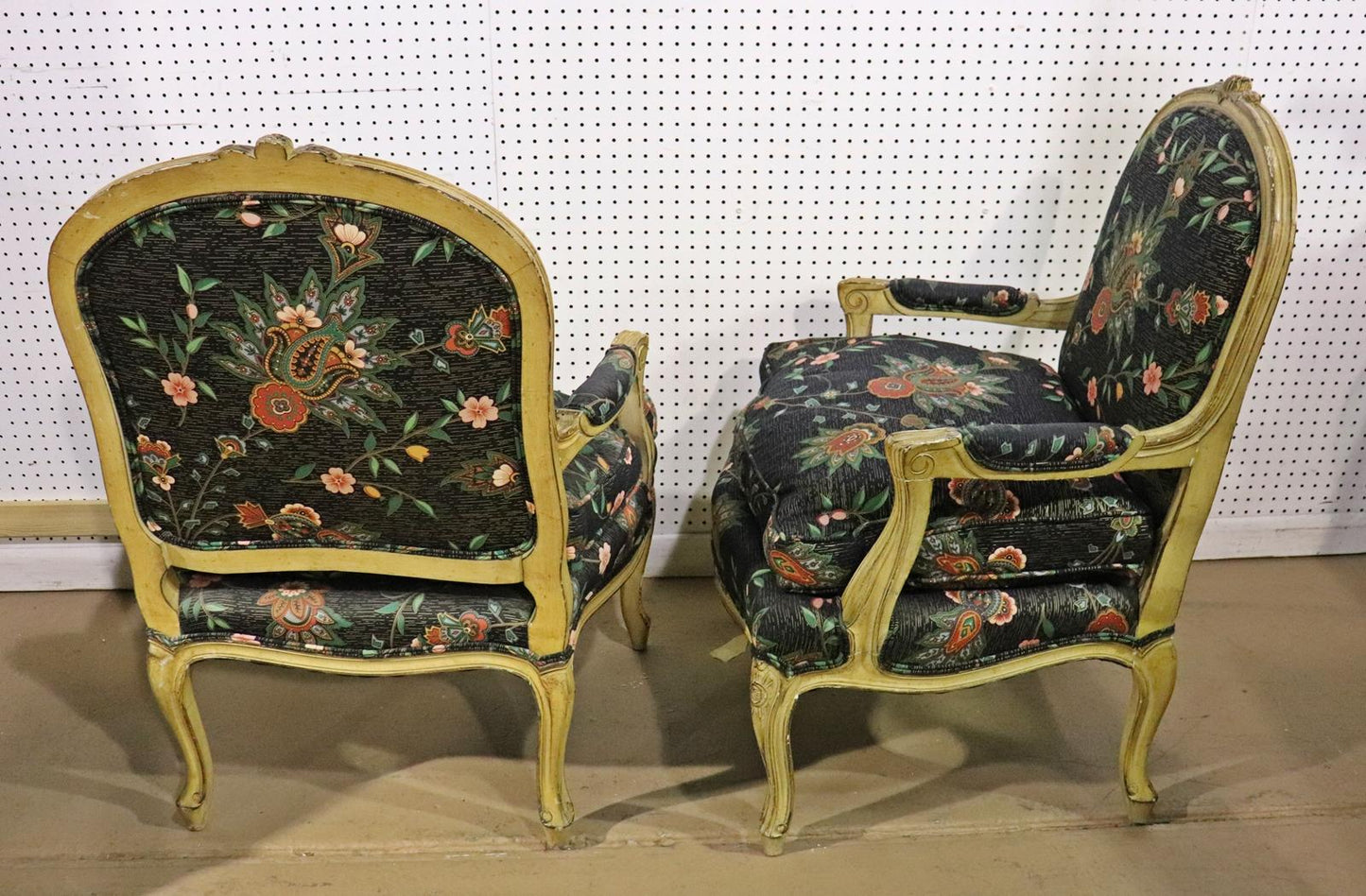 Pair Paint Decorated French Louis XV Armchairs Fauteuils circa 1950s