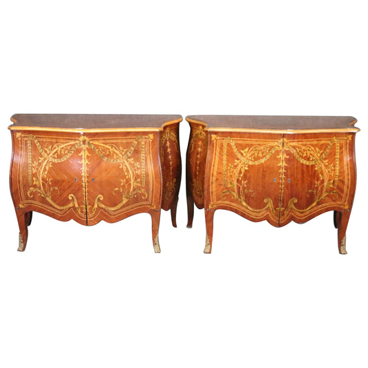 Pair Large Scale Italian Maggiolini Inlaid Bombe Louis XV Commodes