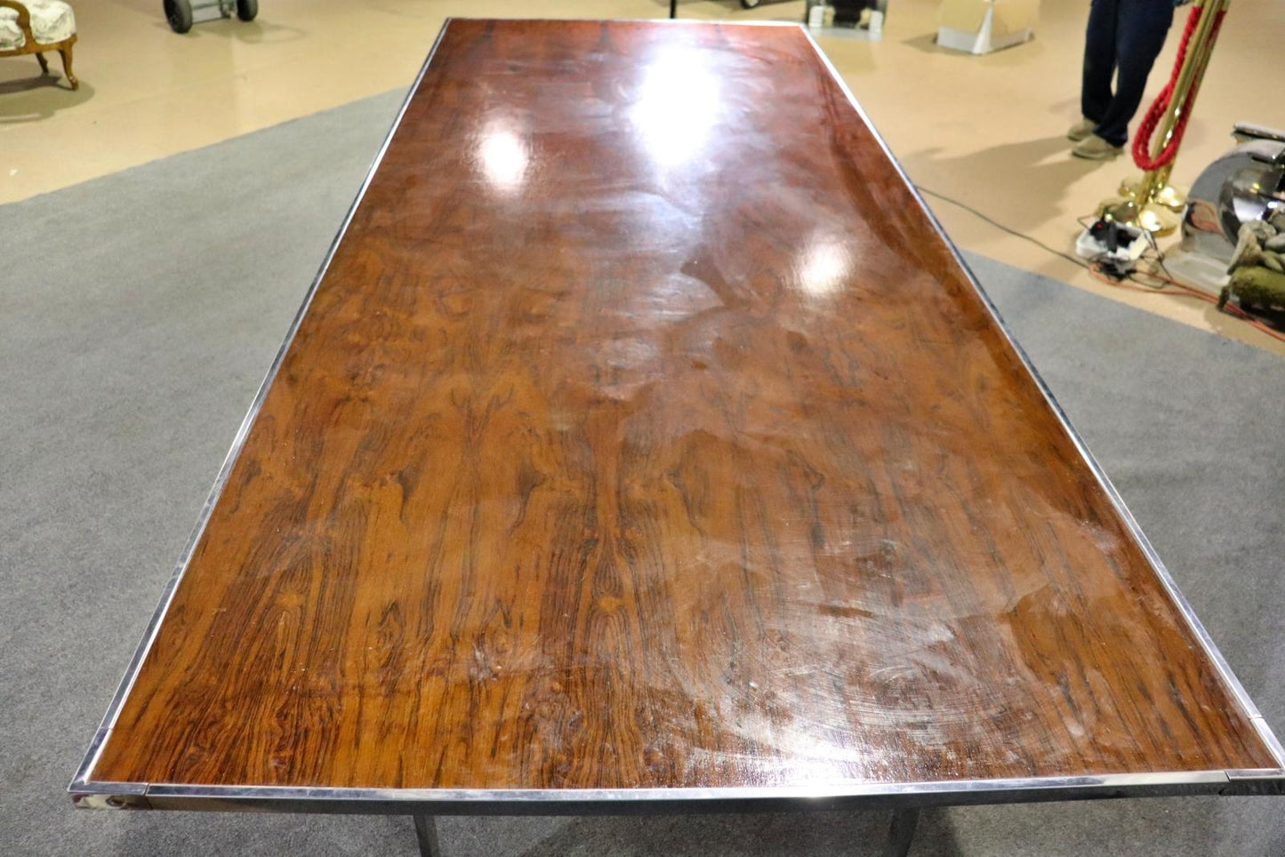 Mid Century Modern Rosewood and Chrome Flatbar Dining Conference Table