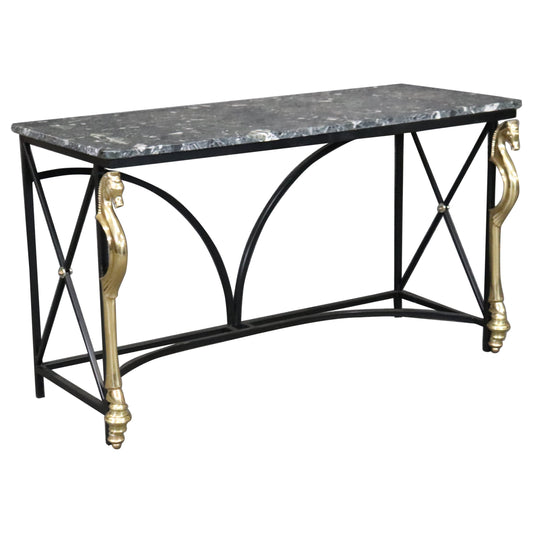 Maison Charles Style Brass Horse and Steel Verdi Marble Console Table circa 1970