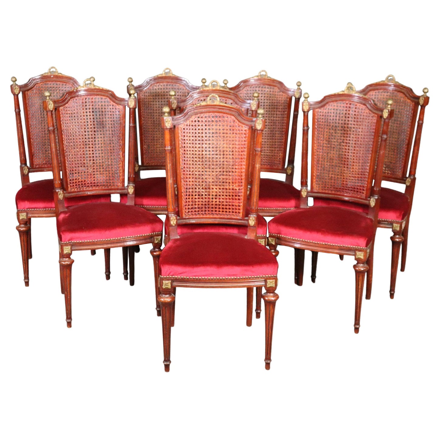 Set of 8 French Louis XVI Style Mahogany Cane Back Dining Chairs with Ormolu