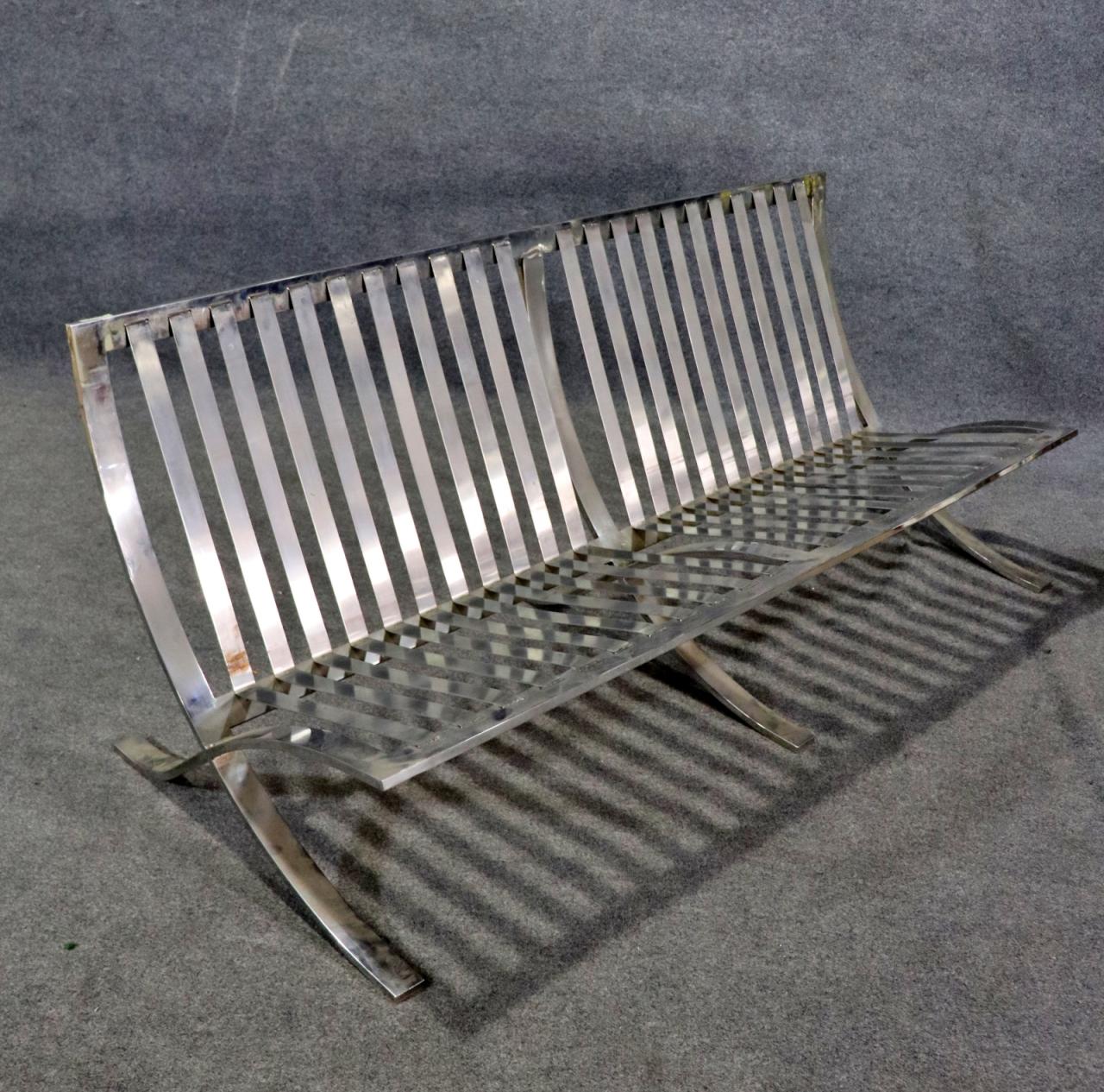 Barcelona Style Chromed Steel and Leather settee two of two available