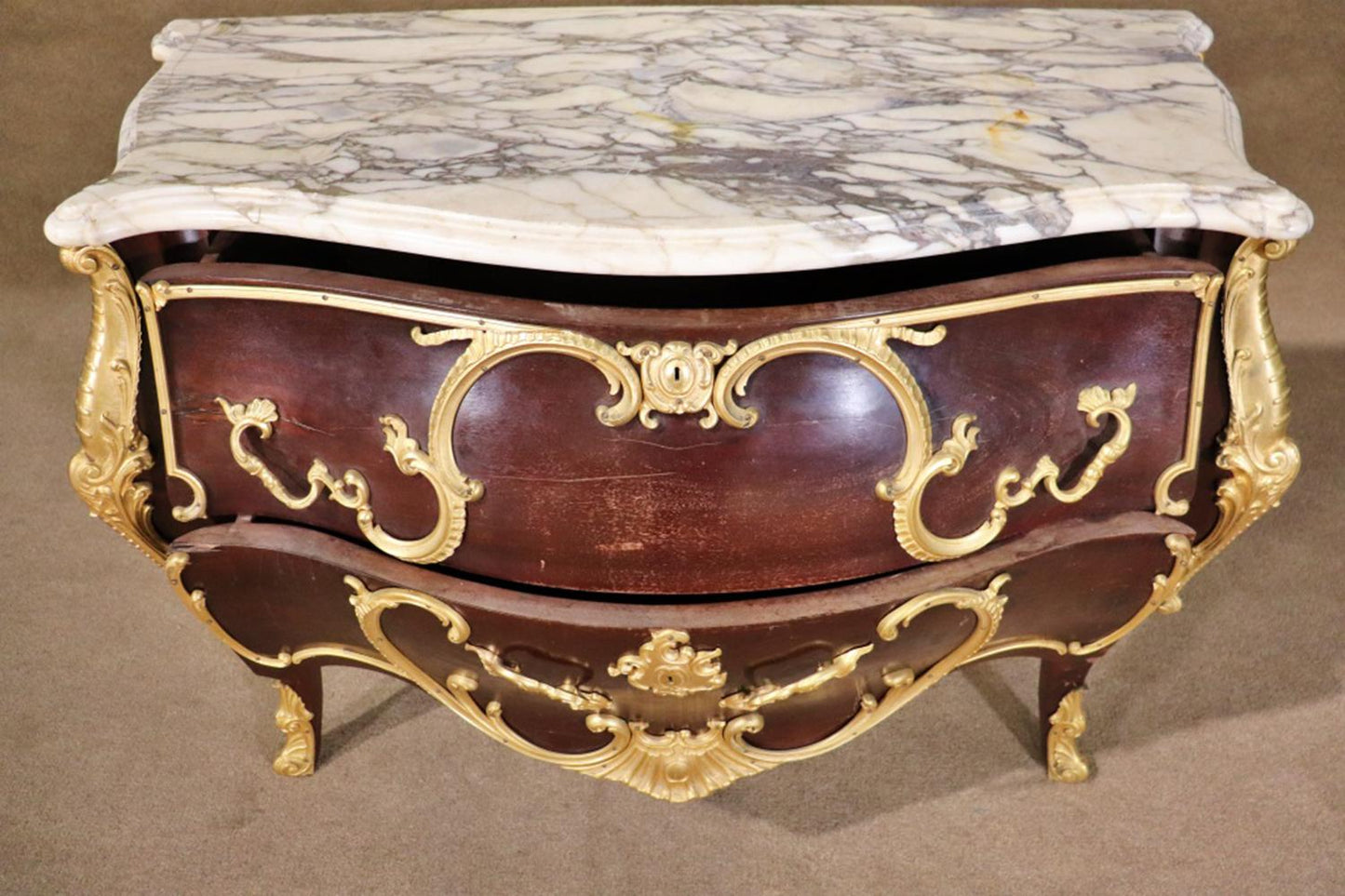 Fine Quality Antique Bronze Mounted Marble Top Louis XV French Commode