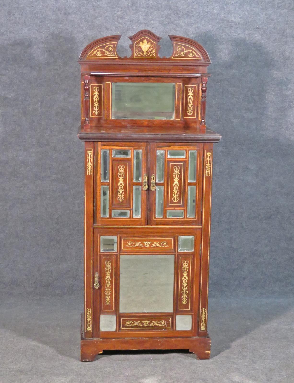 Bone Inlaid Edwardian Rosewood Mirrored Music Cabinet Circa 1910