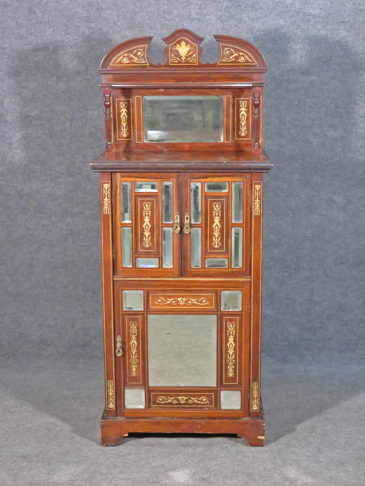 Bone Inlaid Edwardian Rosewood Mirrored Music Cabinet Circa 1910