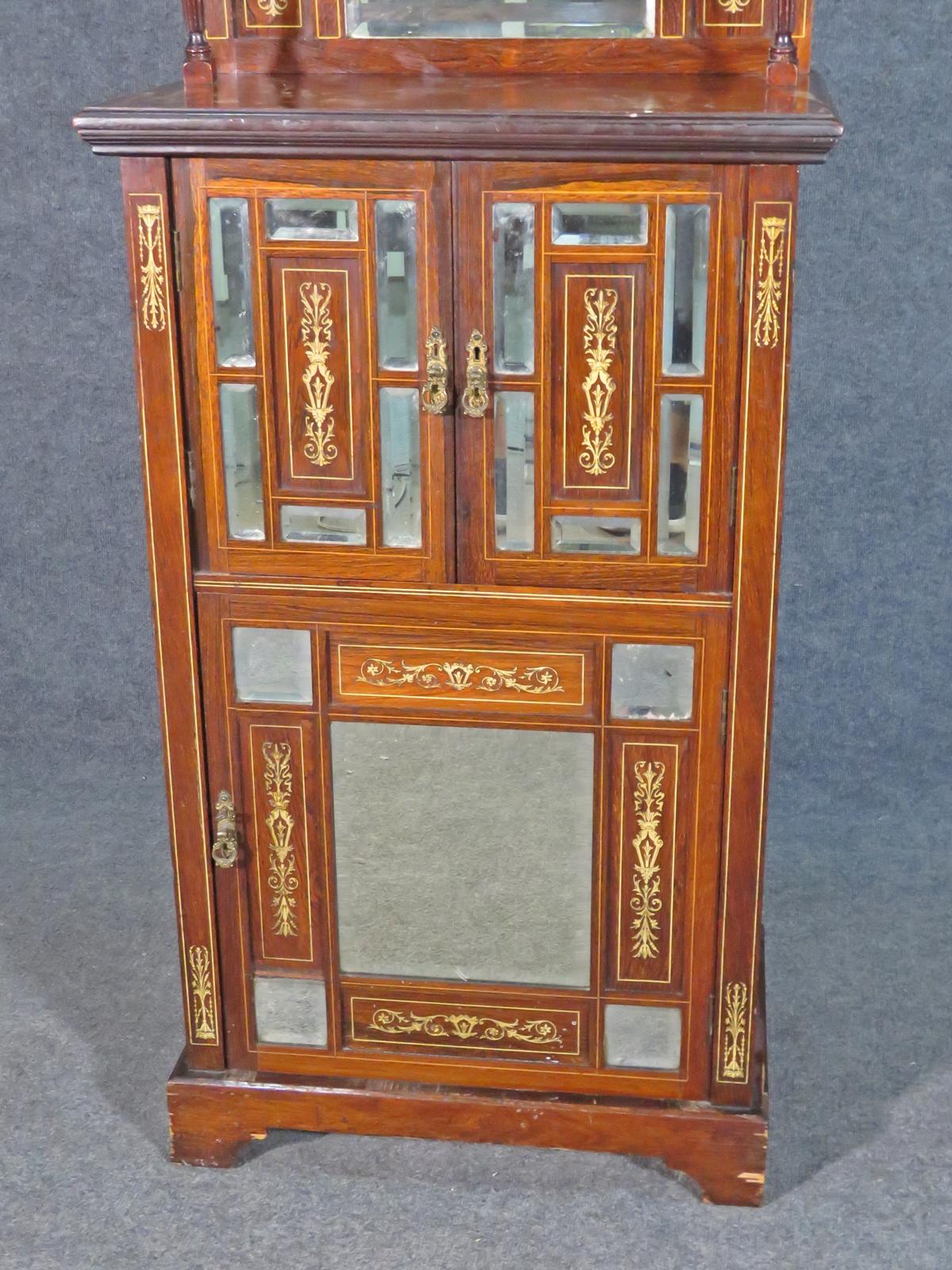 Bone Inlaid Edwardian Rosewood Mirrored Music Cabinet Circa 1910