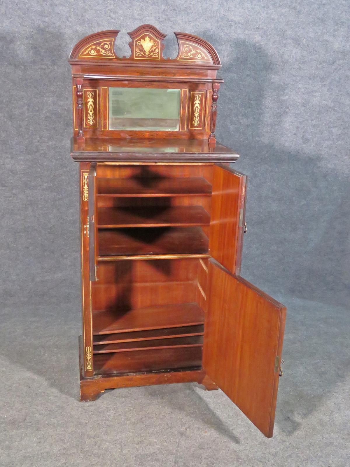 Bone Inlaid Edwardian Rosewood Mirrored Music Cabinet Circa 1910