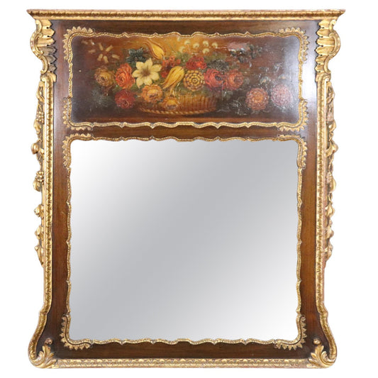 Floral Paint Decorated Mahogany Trumeau Wall Mirror