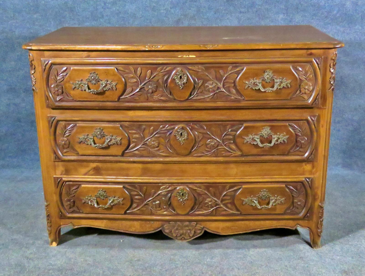 Carved Walnut Floral French Louis XV Style Commode Dresser