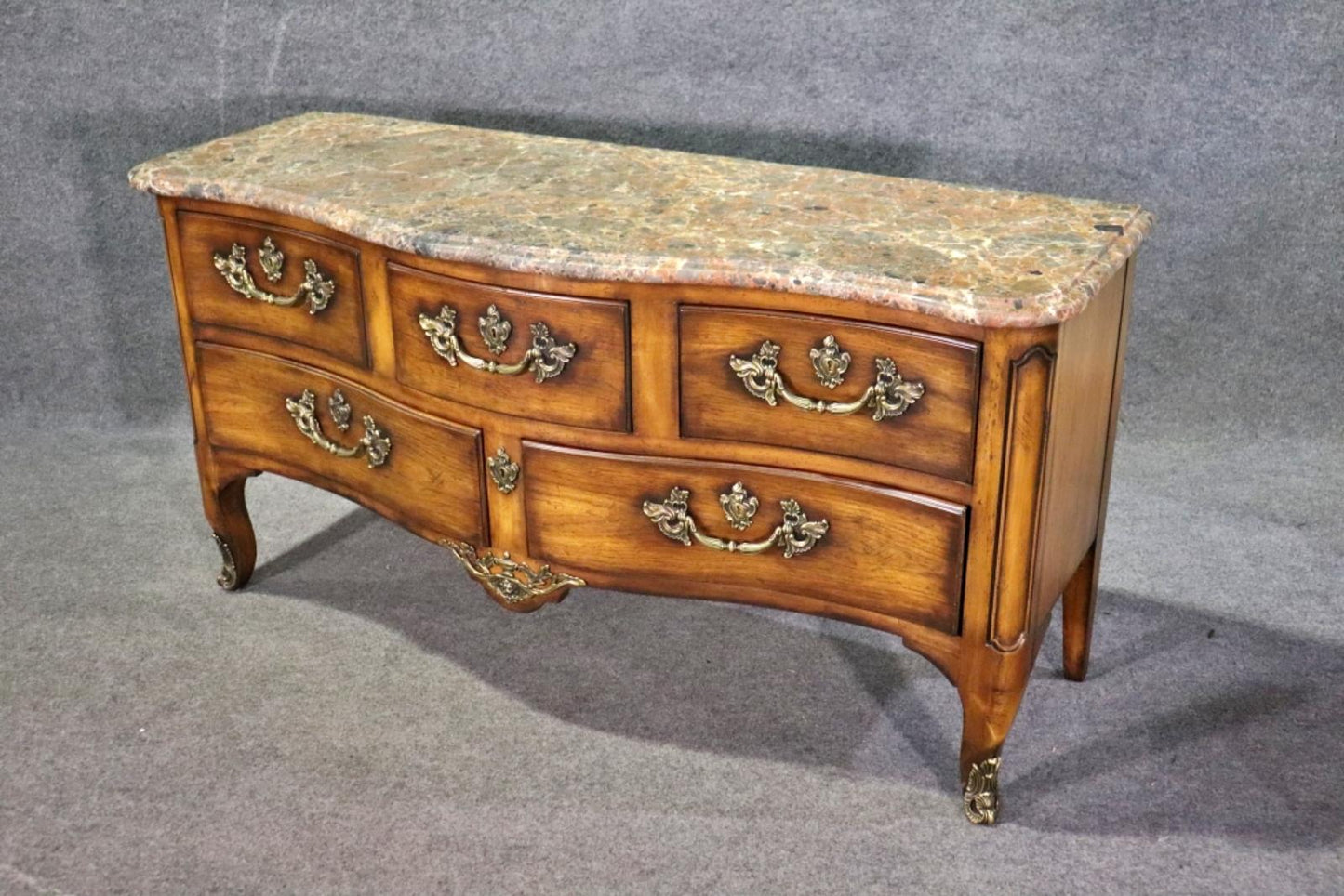 Fine Quality French Louis XV Marble Top Low Wide TV Stand Dresser Commode