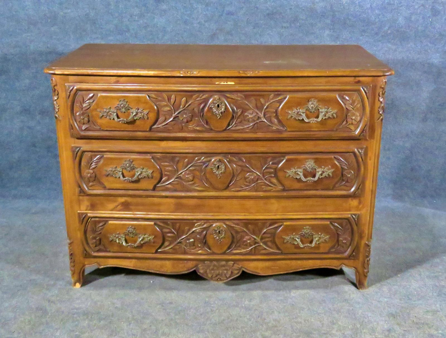 Carved Walnut Floral French Louis XV Style Commode Dresser