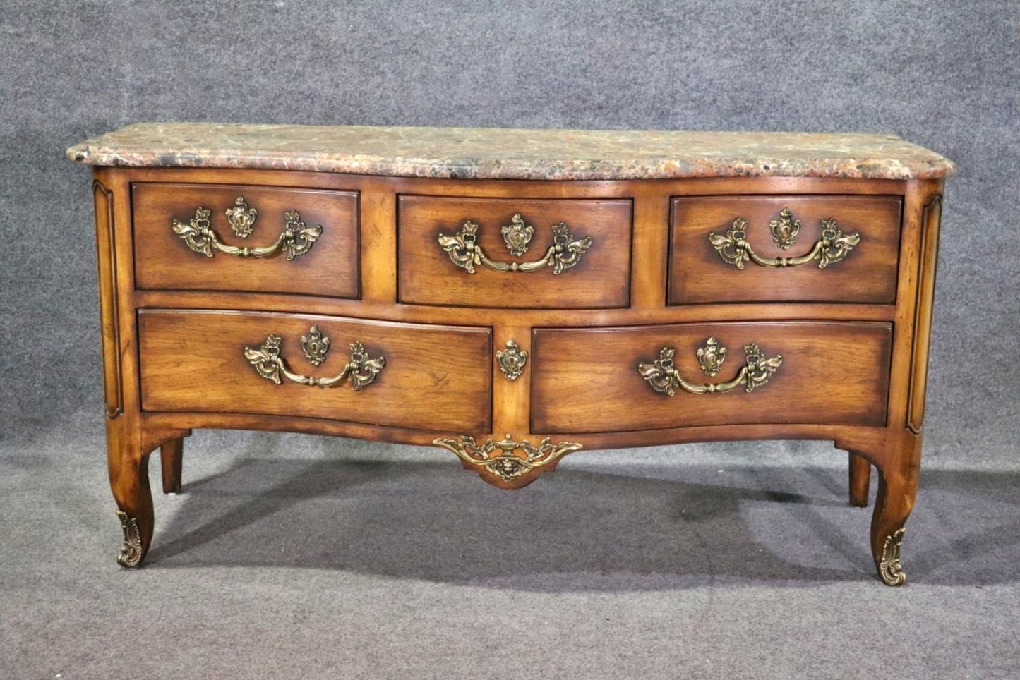 Fine Quality French Louis XV Marble Top Low Wide TV Stand Dresser Commode