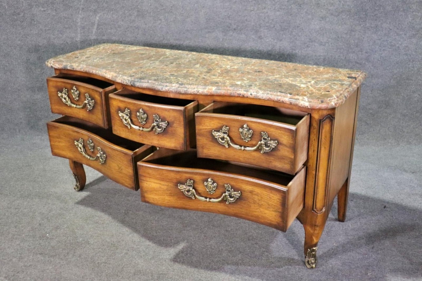 Fine Quality French Louis XV Marble Top Low Wide TV Stand Dresser Commode