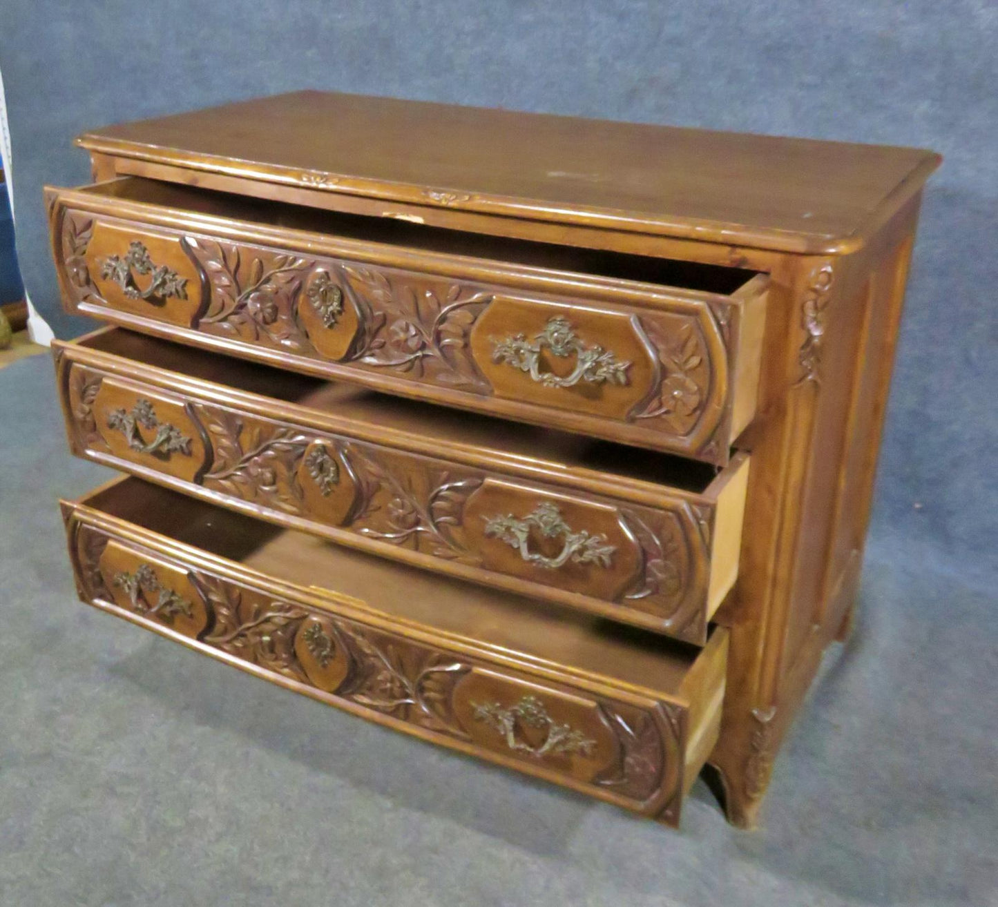 Carved Walnut Floral French Louis XV Style Commode Dresser