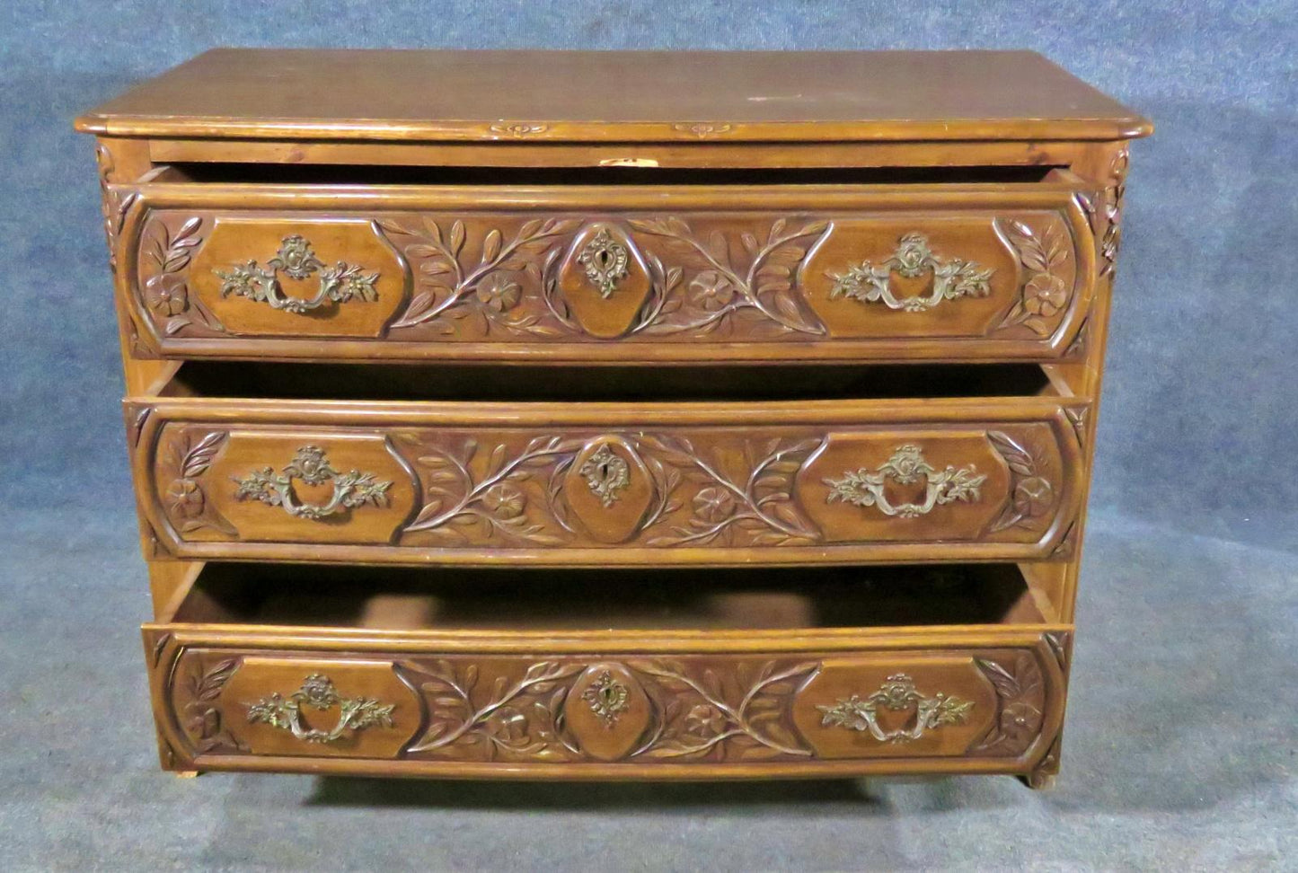 Carved Walnut Floral French Louis XV Style Commode Dresser