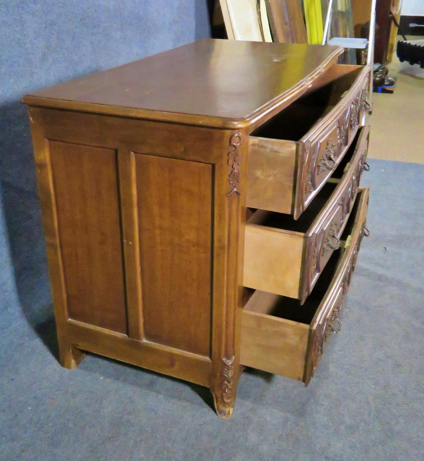 Carved Walnut Floral French Louis XV Style Commode Dresser