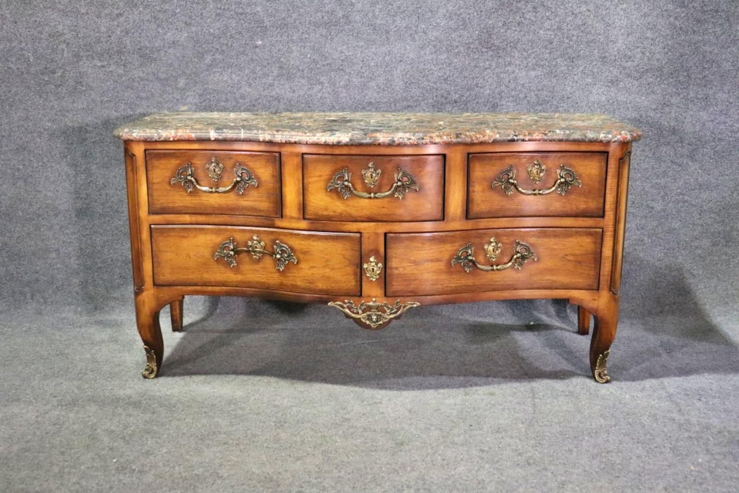 Henredon French Louis XV Walnut Marble Top TV Stand Dresser Commode