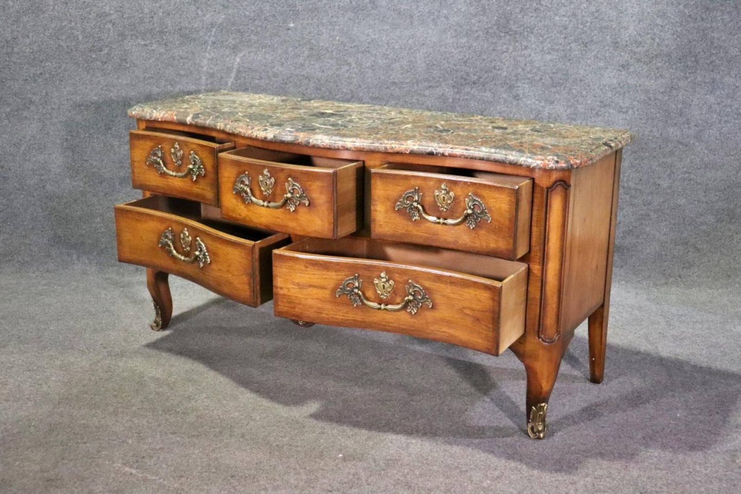 Henredon French Louis XV Walnut Marble Top TV Stand Dresser Commode